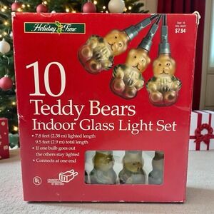 Holiday Time 10 Glass Teddy Bear String Christmas Lights in Box 9.5' Long